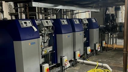 Hamworthy boiler cascade in a plant room